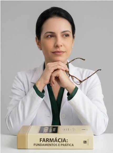 Farmacêutica em momento de análise, com livro de farmácia