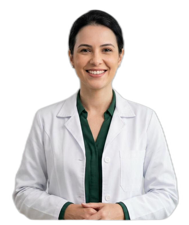Juliana Schmockel, farmacêutica, de jaleco branco