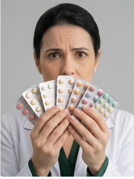 Mulher preocupada segurando várias cartelas de comprimidos