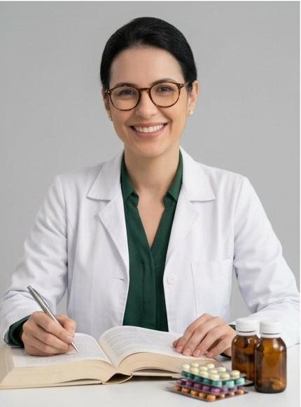 Farmacêutica analisando medicamentos e registrando em livro técnico